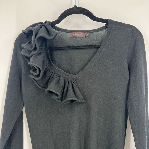Limited Ruffle Merino Wool Blend Lightweight Sweater small career top black - Picture 2 of 8